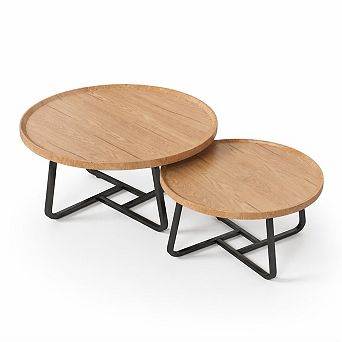 Mid Century Modern Nesting Coffee Table Set of 2 Fluted Wood Design Space-Saving Circle Tables
