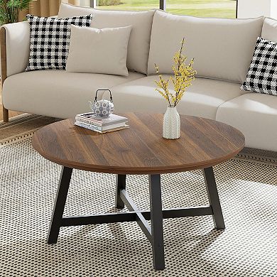 Large 36 Inch Round Coffee Table Modern Industrial Design, Wood Grain Surface, Sturdy Metal Legs