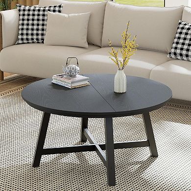 Large 36 Inch Round Coffee Table Modern Industrial Design, Wood Grain Surface, Sturdy Metal Legs