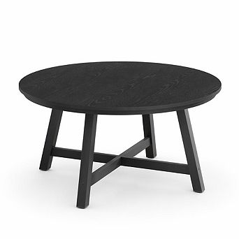 Large 36 Inch Round Coffee Table Modern Industrial Design, Wood Grain Surface, Sturdy Metal Legs
