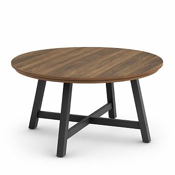 Large 36 Inch Round Coffee Table Modern Industrial Design, Wood Grain Surface, Sturdy Metal Legs