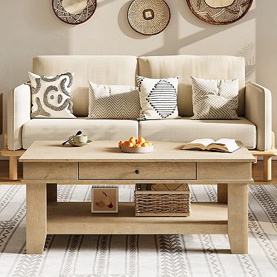 Rectangular Coffee Table with Drawer and Open Shelf for Living Room - Rustic Walnut Finish