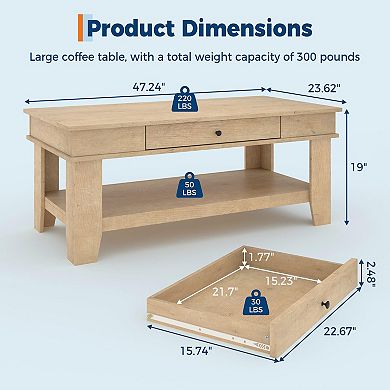 Rectangular Coffee Table with Drawer and Open Shelf for Living Room - Rustic Walnut Finish