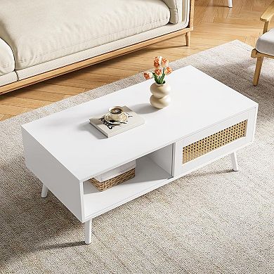 Boho Coffee Table with Storage, Natural Wood Center Table with Sliding Door and Open Shelves