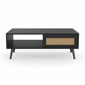 Boho Coffee Table with Storage, Natural Wood Center Table with Sliding Door and Open Shelves