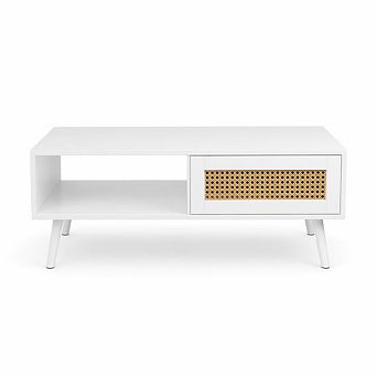 Boho Coffee Table with Storage, Natural Wood Center Table with Sliding Door and Open Shelves