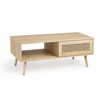 Boho Coffee Table with Storage, Natural Wood Center Table with Sliding Door and Open Shelves