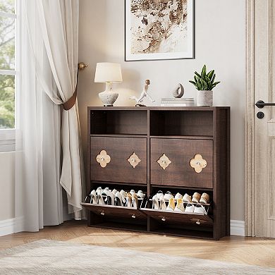 Wooden Shoe Cabinet with Floral Pattern,4 Flip Drawers and Adjustable Shelves for Entryway/Corridor