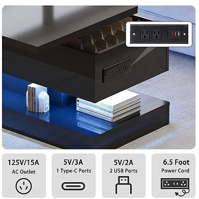 47.2 Inch Large Lift Top Coffee Table Modern High Glossy LED Storage Table with APP Control