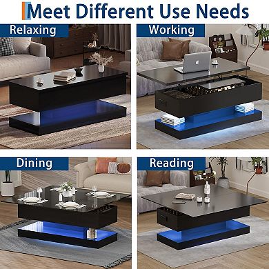 47.2 Inch Large Lift Top Coffee Table Modern High Glossy LED Storage Table with APP Control
