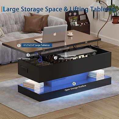 47.2 Inch Large Lift Top Coffee Table Modern High Glossy LED Storage Table with APP Control