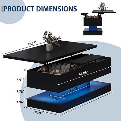 47.2 Inch Large Lift Top Coffee Table Modern High Glossy LED Storage Table with APP Control