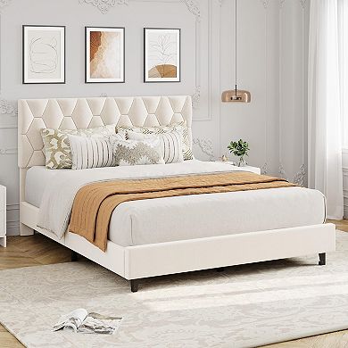 Bed Frame with Upholstered Headboard, Fabric Platform Bed Frame, No Box Spring Needed