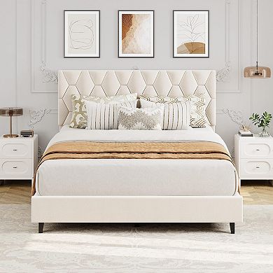 Bed Frame with Upholstered Headboard, Fabric Platform Bed Frame, No Box Spring Needed
