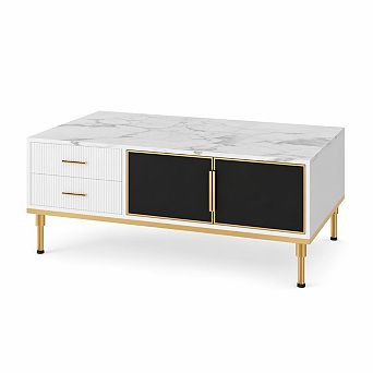 Modern Faux Marble Coffee Table, Modern Center Table Cocktail Sofa End with 4 Drawers & Glass Doors