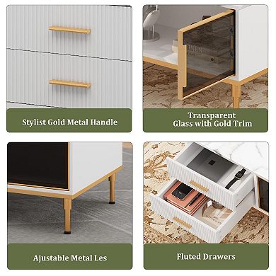 Modern Faux Marble Coffee Table, Modern Center Table Cocktail Sofa End with 4 Drawers & Glass Doors