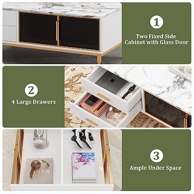 Modern Faux Marble Coffee Table, Modern Center Table Cocktail Sofa End with 4 Drawers & Glass Doors