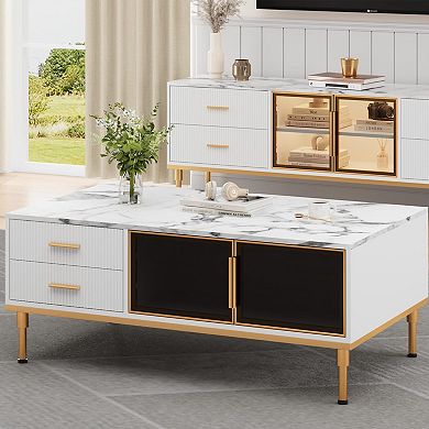Modern Faux Marble Coffee Table, Modern Center Table Cocktail Sofa End with 4 Drawers & Glass Doors