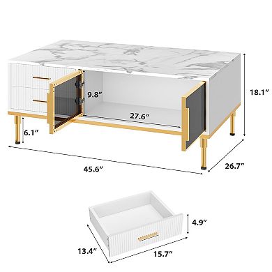 Modern Faux Marble Coffee Table, Modern Center Table Cocktail Sofa End with 4 Drawers & Glass Doors