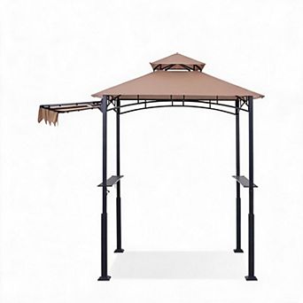 Heavy Duty Metal Grill Gazebo 8x5 ft Double-Tier Canopy, Side Awning, Outdoor BBQ Patio Shelter