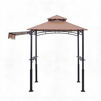 Heavy Duty Metal Grill Gazebo 8x5 ft Double-Tier Canopy, Side Awning, Outdoor BBQ Patio Shelter