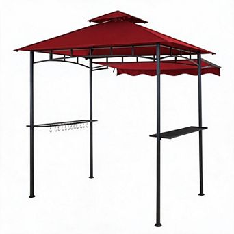 Heavy Duty Metal Grill Gazebo 8x5 ft Double-Tier Canopy, Side Awning, Outdoor BBQ Patio Shelter