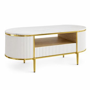 Modern Fluted Coffee Table, 48" Mid Century Modern Coffee Tables, Oval Coffee Table with Drawer
