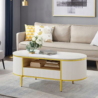 Modern Fluted Coffee Table, 48" Mid Century Modern Coffee Tables, Oval Coffee Table with Drawer
