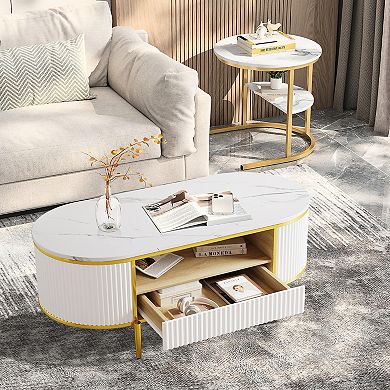 Modern Fluted Coffee Table, 48" Mid Century Modern Coffee Tables, Oval Coffee Table with Drawer