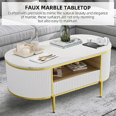 Modern Fluted Coffee Table, 48" Mid Century Modern Coffee Tables, Oval Coffee Table with Drawer