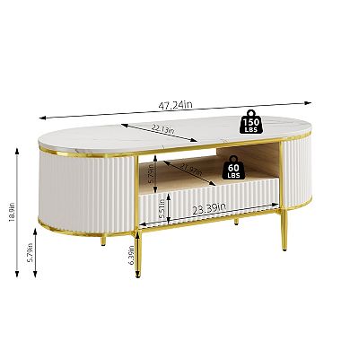 Modern Fluted Coffee Table, 48" Mid Century Modern Coffee Tables, Oval Coffee Table with Drawer
