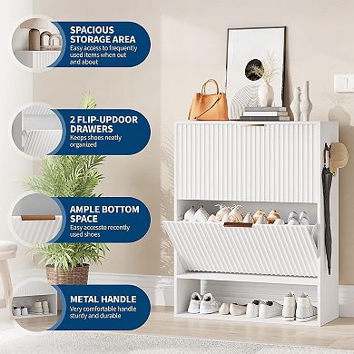 Modern Minimalist Slim Hollow Shoe Cabinet with 2 Rotating Drawers for Entryway