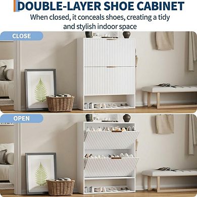Modern Minimalist Slim Hollow Shoe Cabinet with 2 Rotating Drawers for Entryway