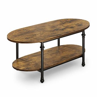 Modern Oval Coffee Table with Lift Top, 2 tier Faux Marble & Wood Centerpiece, Fluted Curved Design