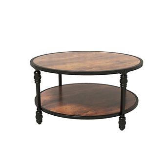 Round Coffee Table, 34.25" Wood Circle Coffee Table with Sturdy Metal Roman Pillar Legs
