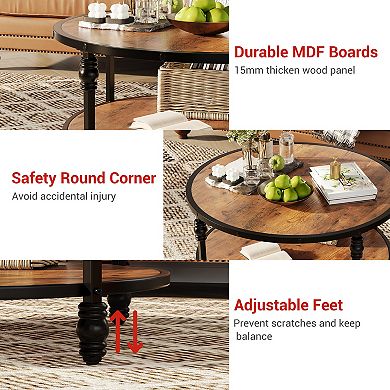 Round Coffee Table, 34.25" Wood Circle Coffee Table with Sturdy Metal Roman Pillar Legs