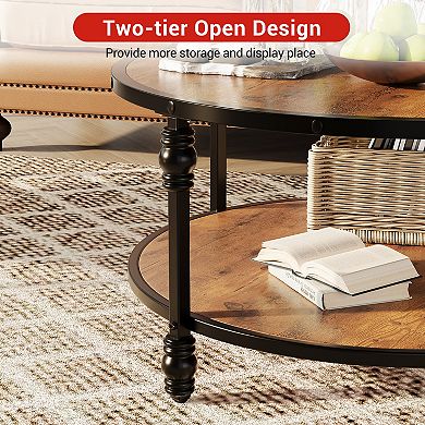 Round Coffee Table, 34.25" Wood Circle Coffee Table with Sturdy Metal Roman Pillar Legs