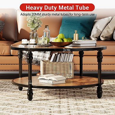 Round Coffee Table, 34.25" Wood Circle Coffee Table with Sturdy Metal Roman Pillar Legs