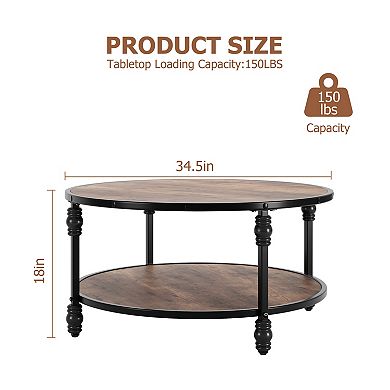 Round Coffee Table, 34.25" Wood Circle Coffee Table with Sturdy Metal Roman Pillar Legs