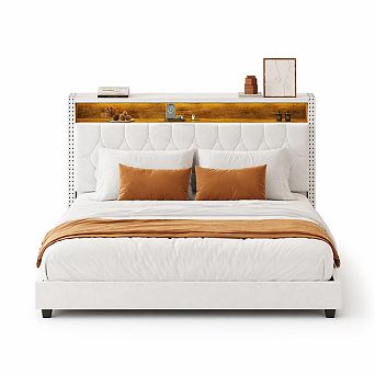 Upholstered Bed Frame with Storage Headboard, LED Lights & Charging Station