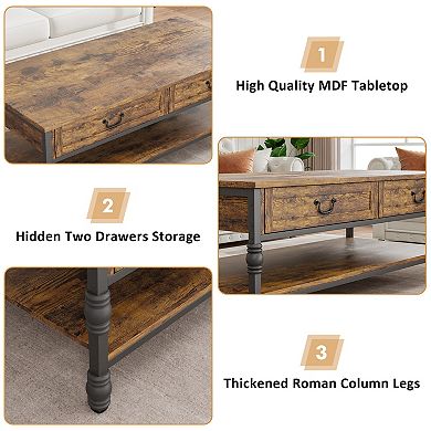 Coffee Table - 41" Rustic Wood, 2 Storage Drawers, Open Shelf - Rectangular Center Table