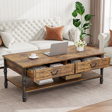Coffee Table - 41" Rustic Wood, 2 Storage Drawers, Open Shelf - Rectangular Center Table