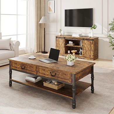 Coffee Table - 41" Rustic Wood, 2 Storage Drawers, Open Shelf - Rectangular Center Table