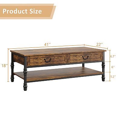 Coffee Table - 41" Rustic Wood, 2 Storage Drawers, Open Shelf - Rectangular Center Table