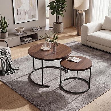 Round Nesting Coffee Table Set of 2, Round Coffee Table for Living Room,Space Saving Nesting Tables