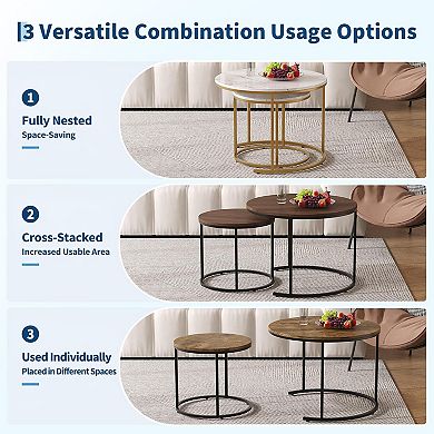 Round Nesting Coffee Table Set of 2, Round Coffee Table for Living Room,Space Saving Nesting Tables