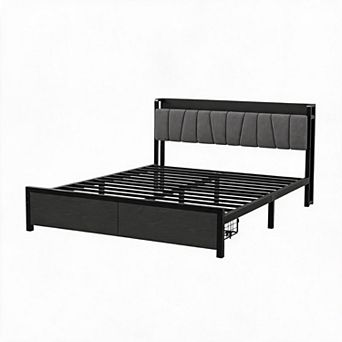 Bed Frame with 2 Storage Drawers and Headboard with Charging Station, No Box Spring Needed