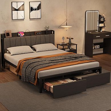 Bed Frame with 2 Storage Drawers and Headboard with Charging Station, No Box Spring Needed