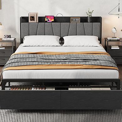Bed Frame with 2 Storage Drawers and Headboard with Charging Station, No Box Spring Needed