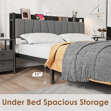 Bed Frame with 2 Storage Drawers and Headboard with Charging Station, No Box Spring Needed
